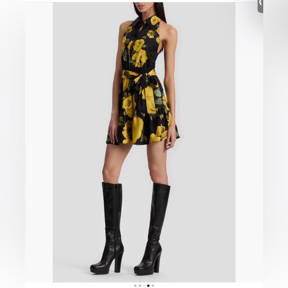Alice + Olivia Black Halter Mini Dress with Yellow Floral Print